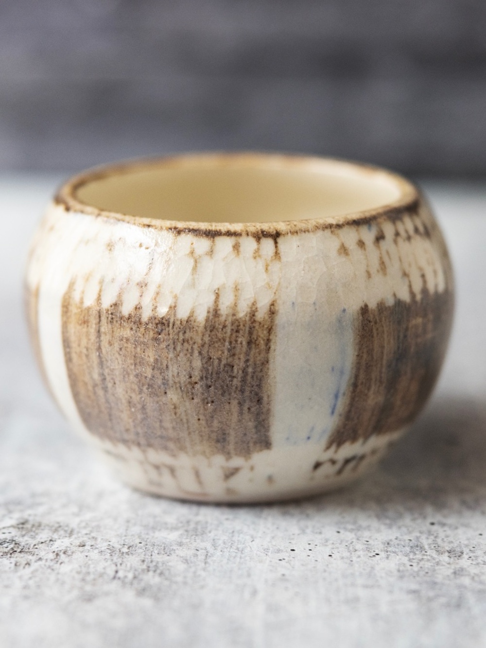 Signed handmade studio pottery planter round pot bowl brown cream
